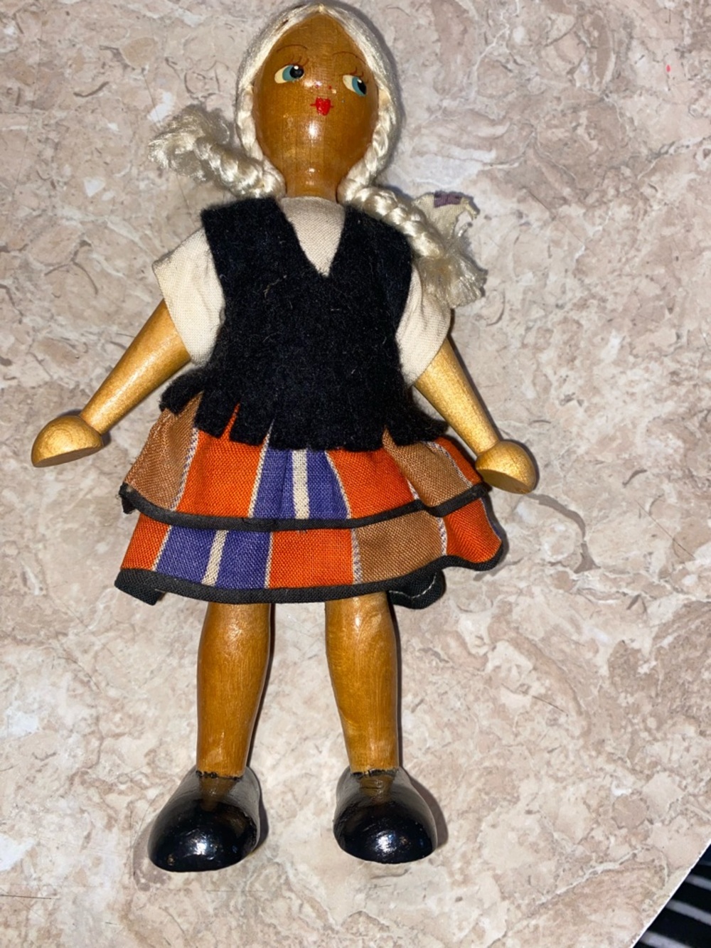 Handcrafted Wooden Girl Doll in Orange & Black Plaid Dress